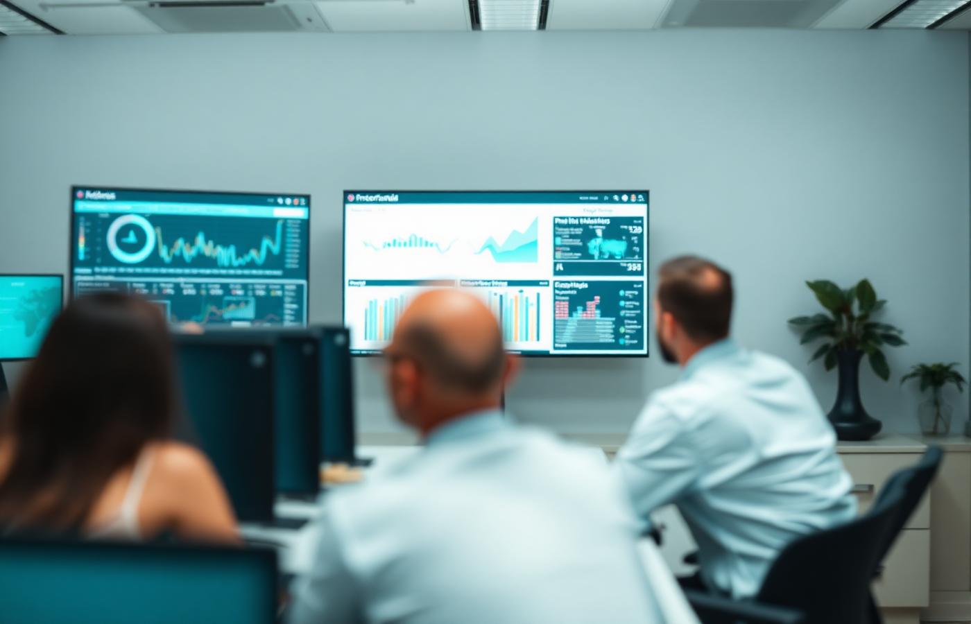 Colleagues reviewing analytics dashboards on large office monitors