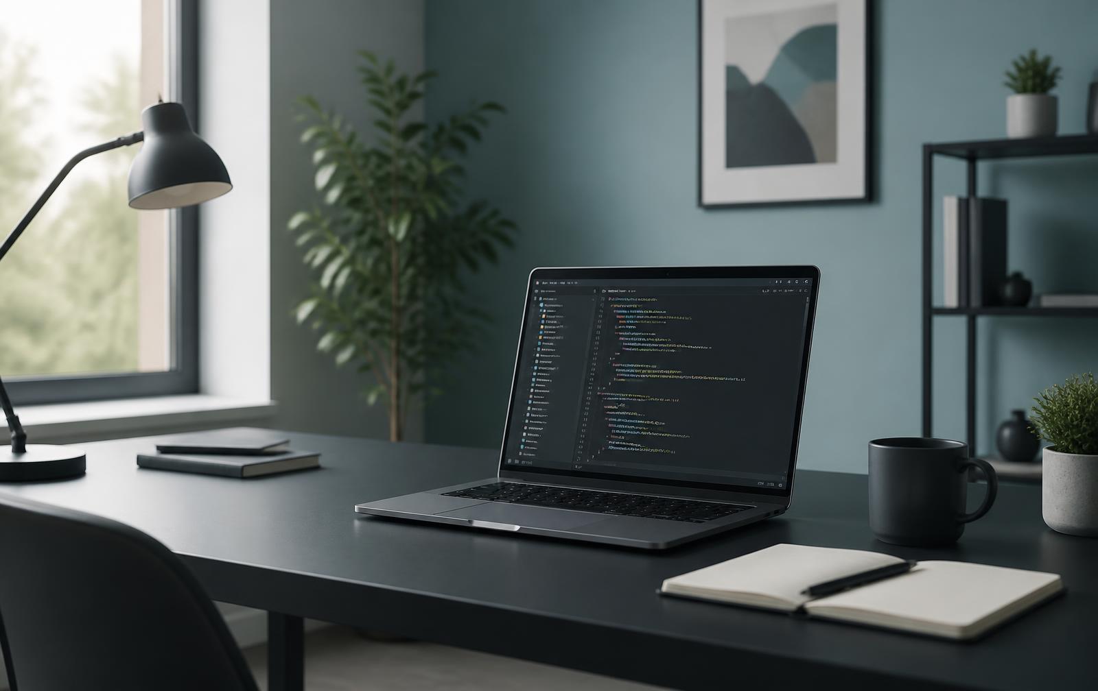 Laptop on a dark desk displaying a code editor in a quiet daylit office