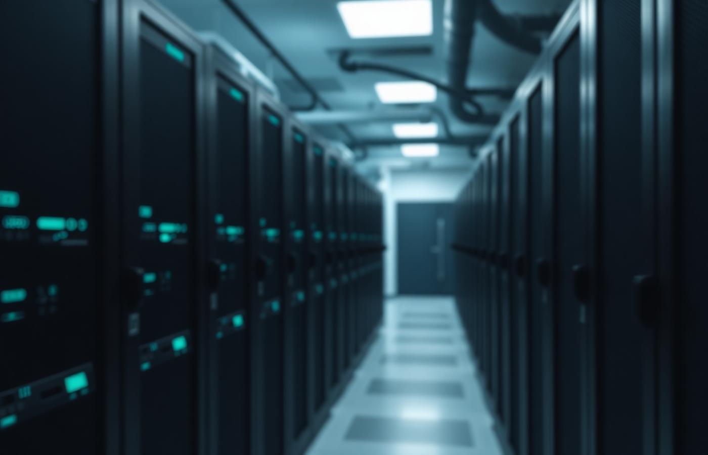 Rows of server racks with teal status indicators in a softly lit data centre aisle